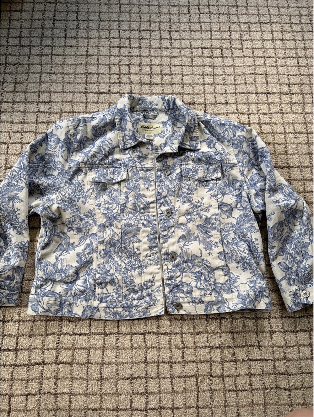 Women’s Floral Blue and White Eddie Bauer Denim Jacket Cottagecore Grandma Milk